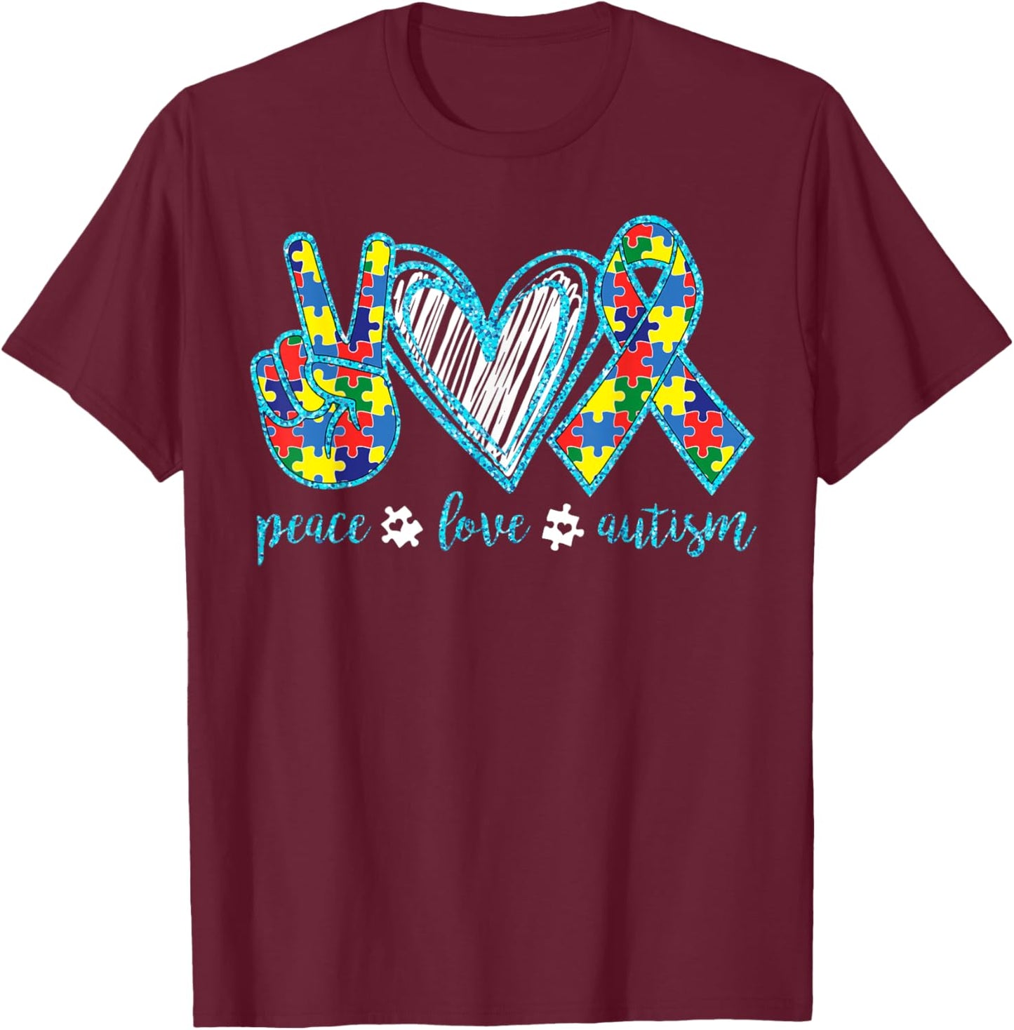 Autism Puzzle Piece Peace Love Autism Awareness T-Shirt - T-Shirt | Maroon
