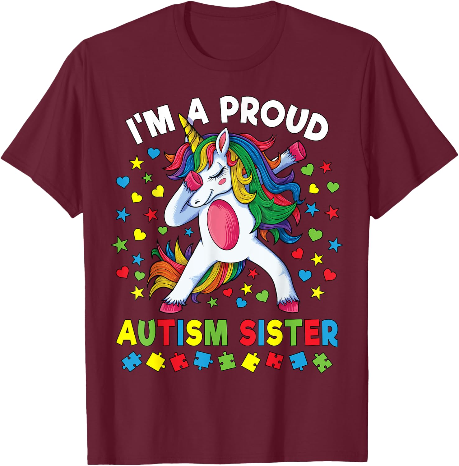 Autism Awareness Dabbing Unicorn Girl Proud Autism Sister T-Shirt - T-Shirt | Maroon