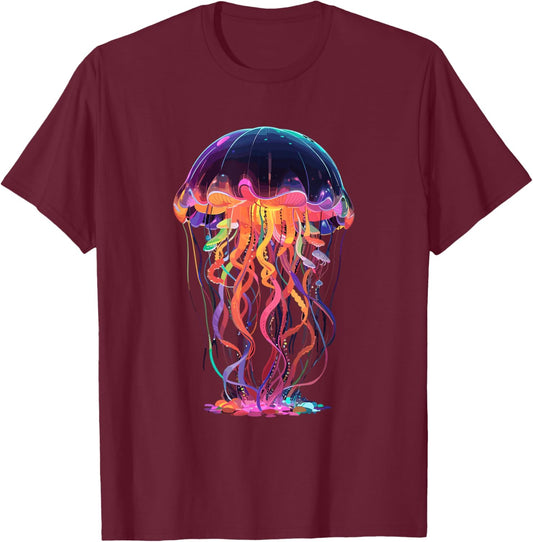 Vibrant Glowing Rainbow Colors Jellyfish T-Shirt - T-Shirt | Maroon