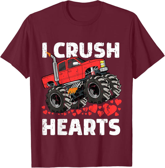 I Crush Hearts Valentines Day Monster Truck Boys Toddler T-Shirt - T-Shirt | Maroon