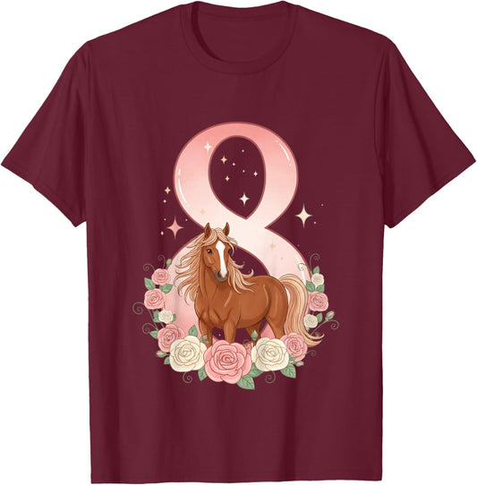 8e Anniversaire, Fille, Cheval, Poney | 8 Ans Anniversaire de Fille T-Shirt - T-Shirt | Maroon