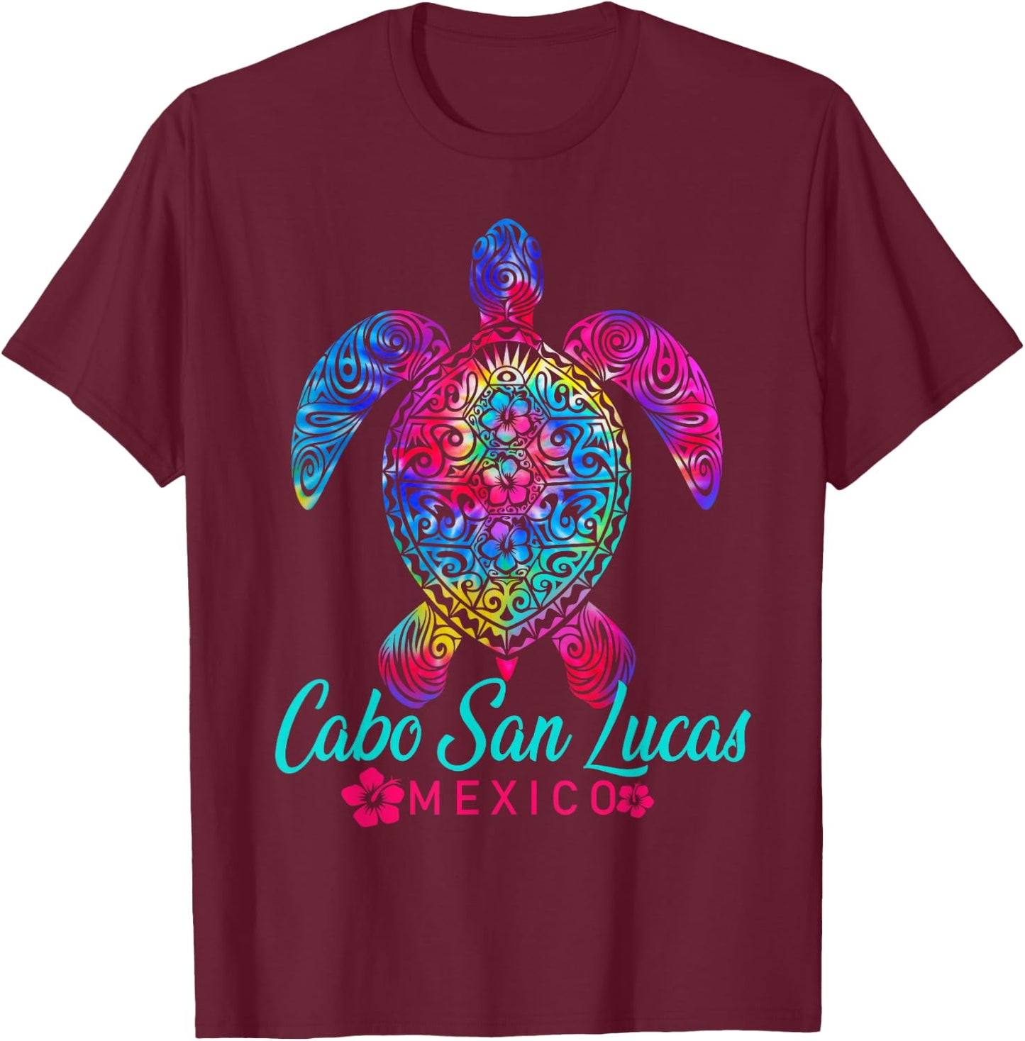 Cabo San Lucas Mexico Tribal Tie Dye Sea Turtle T-Shirt - T-Shirt | Maroon