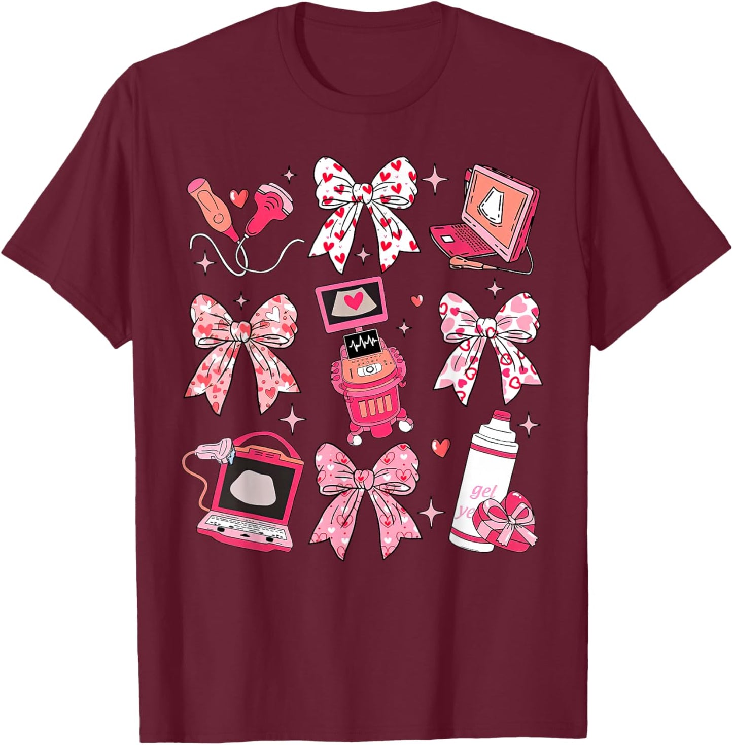 Coquette Bow Sonographer Valentine Ultrasound Tech OB Tech T-Shirt - T-Shirt | Maroon