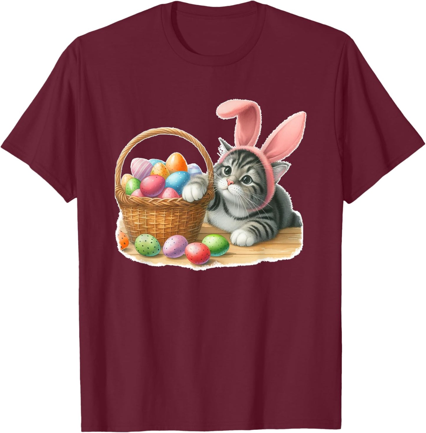 Cute Tabby Striped Gray Grey Kitten Rabbit Ears Easter Eggs T-Shirt - T-Shirt | Maroon