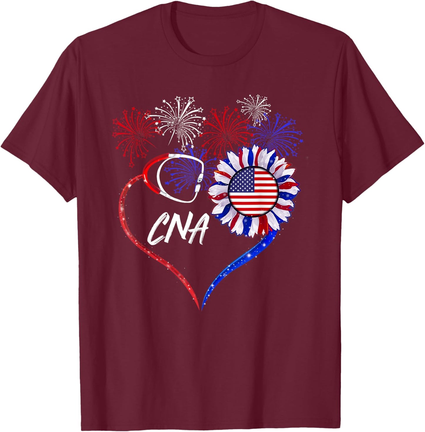 Patriotic Nurse CNA 4th Of July American Flag Sunflower Love Women Men T-Shirt - T-Shirt | Maroon