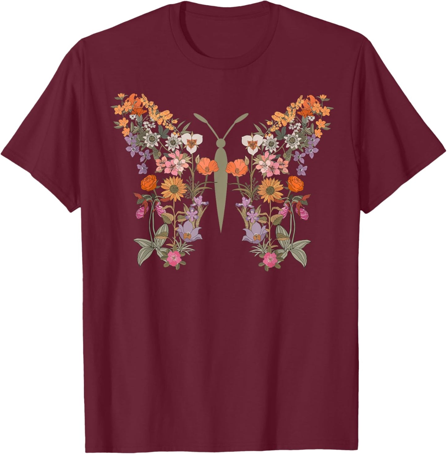 Women Boho Wildflower Summer Flowers Butterfly Shape Graphic T-Shirt - T-Shirt | Maroon