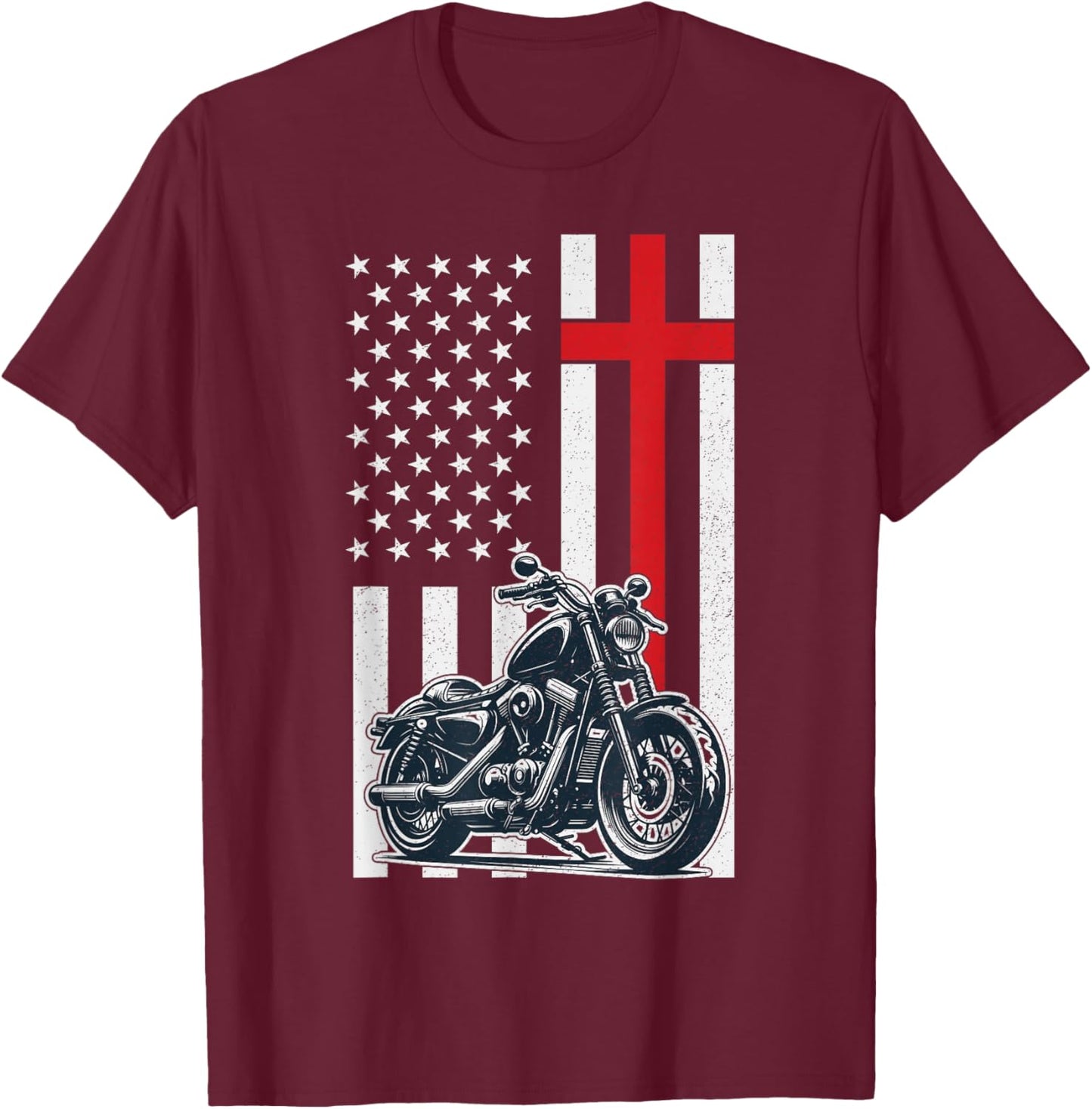 Christian Biker Motorcycle American Flag Cross T-Shirt - T-Shirt | Maroon