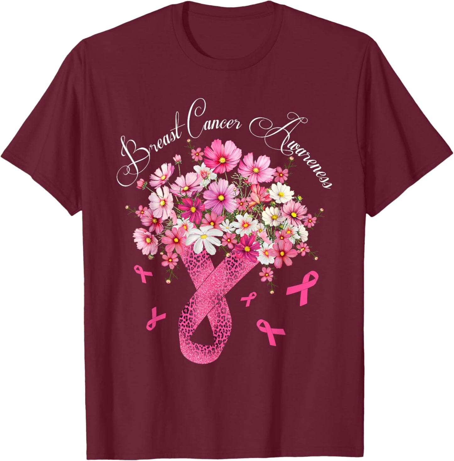 Breast Cancer Awareness Fighter Survivor Floral Pink Ribbon T-Shirt - T-Shirt | Maroon