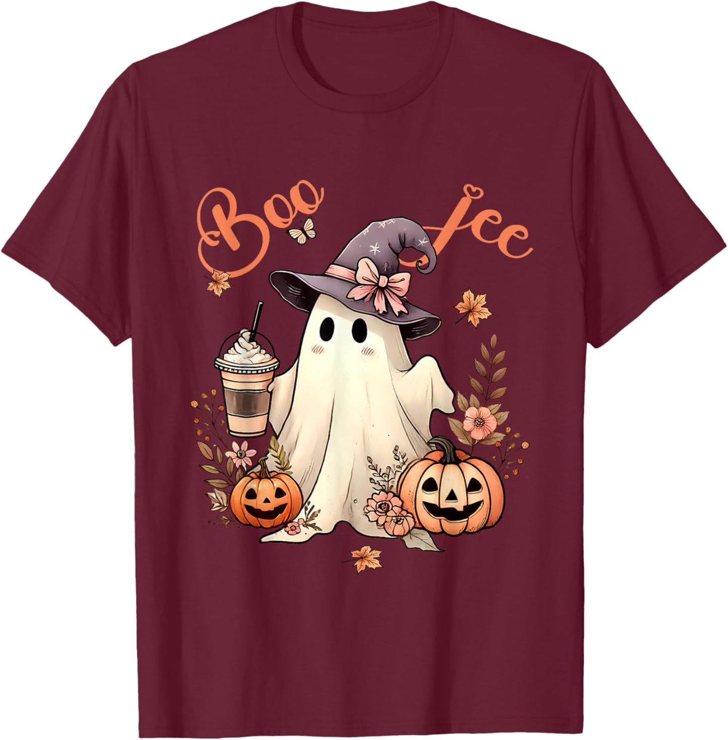 Boo Jee Ghost Drinking Coffee Coquette Bow Halloween Women T-Shirt - T-Shirt | Maroon