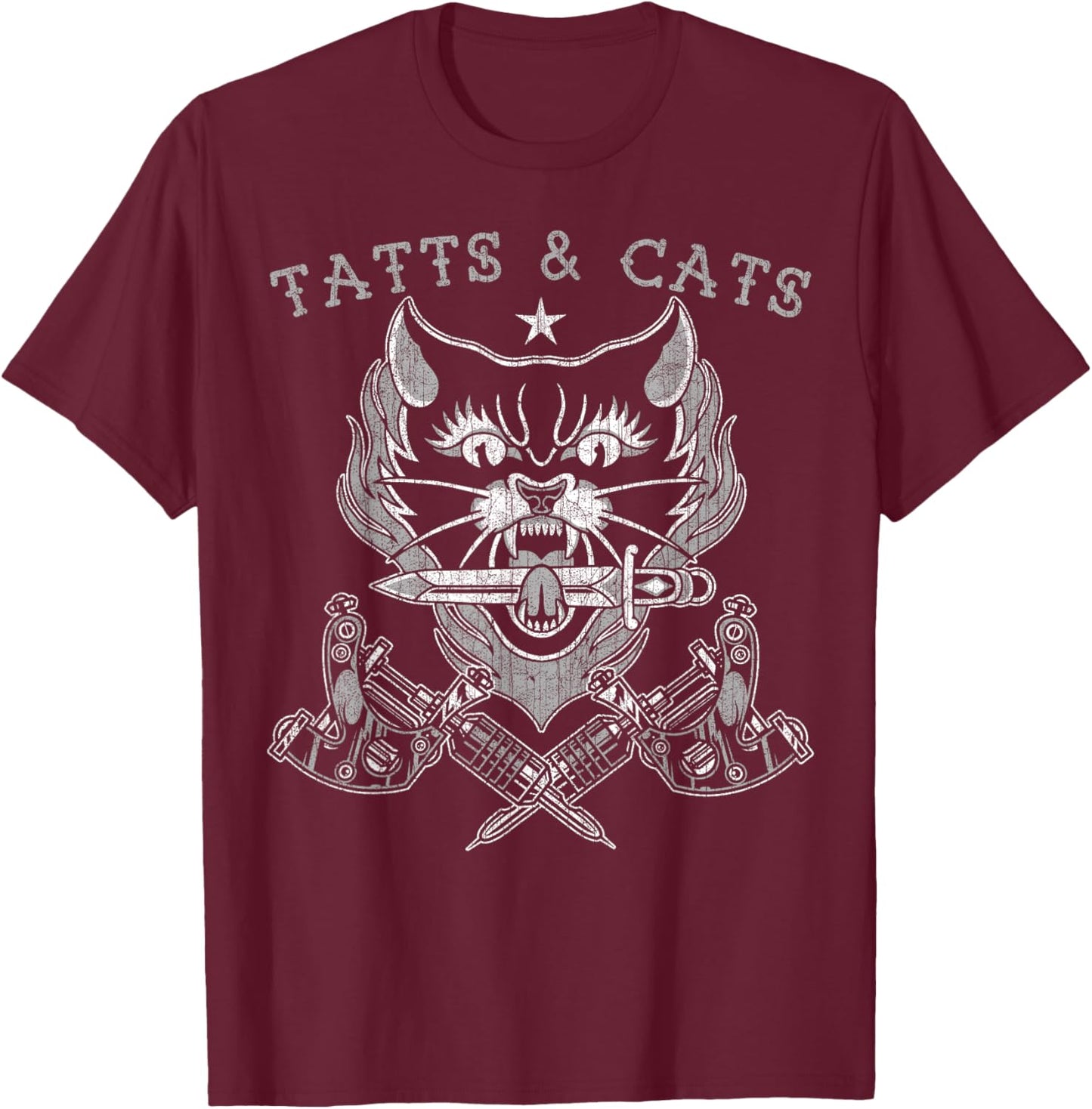 Tatts and Cats, Old School, Cat Lovers, Tattoo Machine T-Shirt - T-Shirt | Maroon