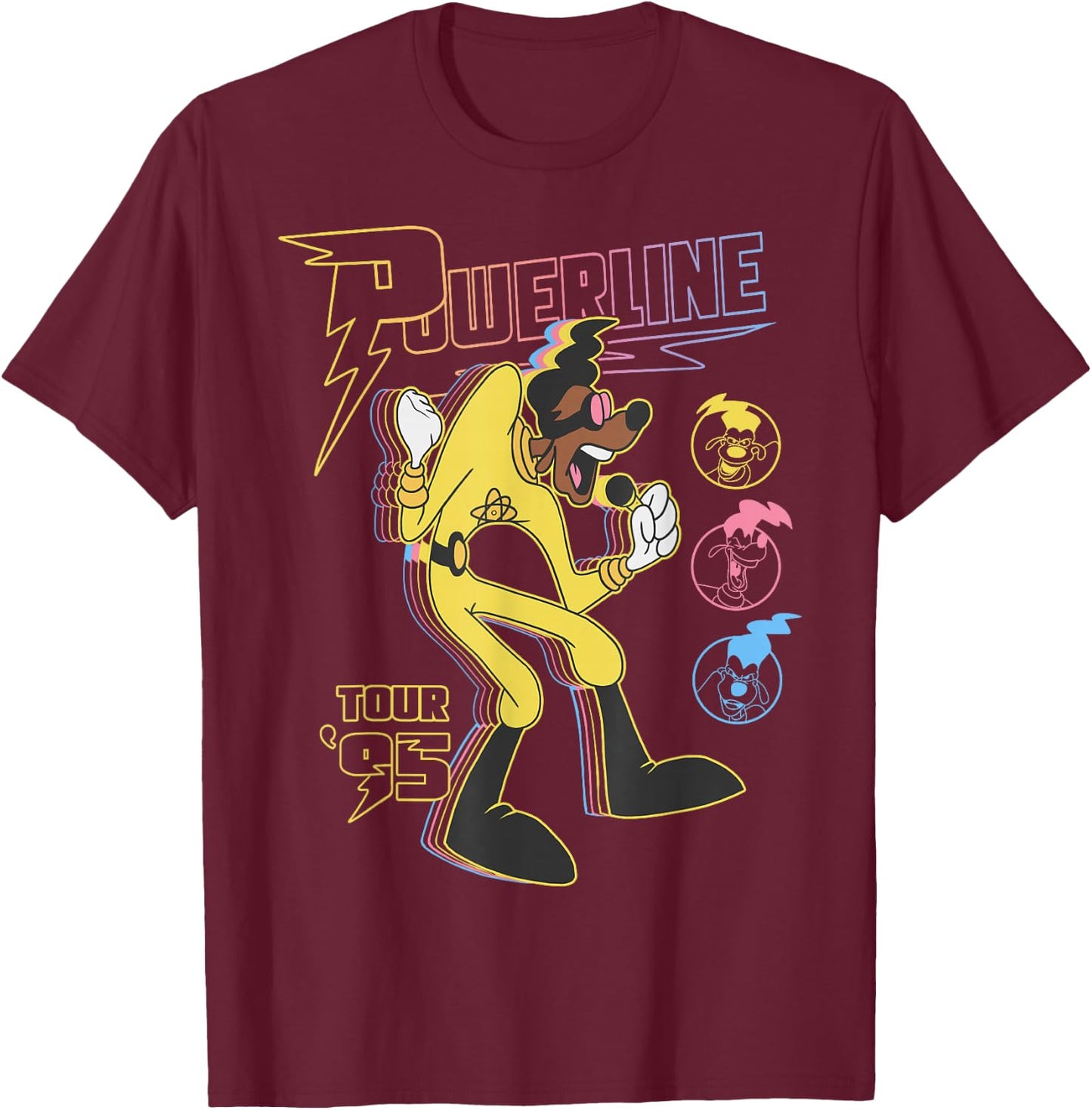 Disney A Goofy Movie Powerline Tour '95 Retro Neon Poster T-Shirt - T-Shirt | Maroon