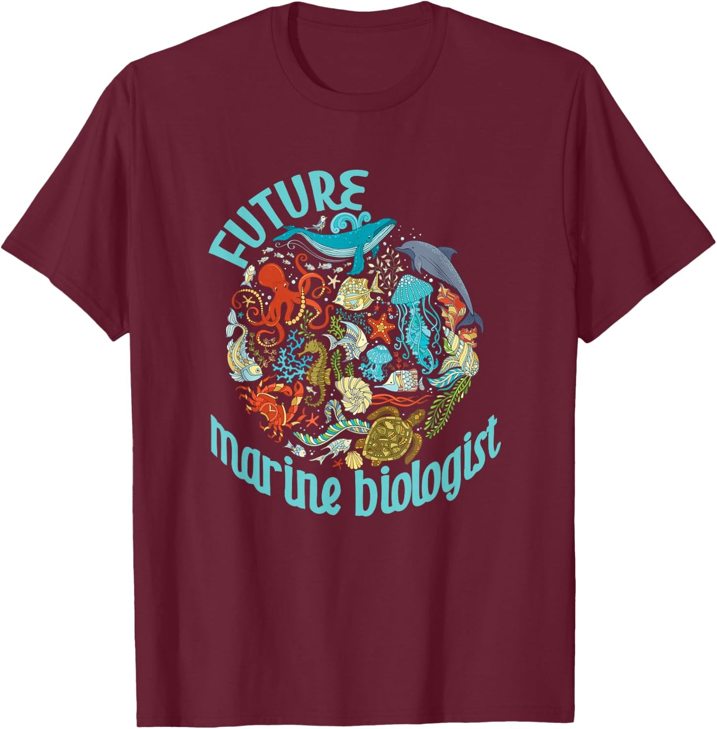 Future Marine Biologist Ocean Life Drawing Whale Octopus T-Shirt - T-Shirt | Maroon