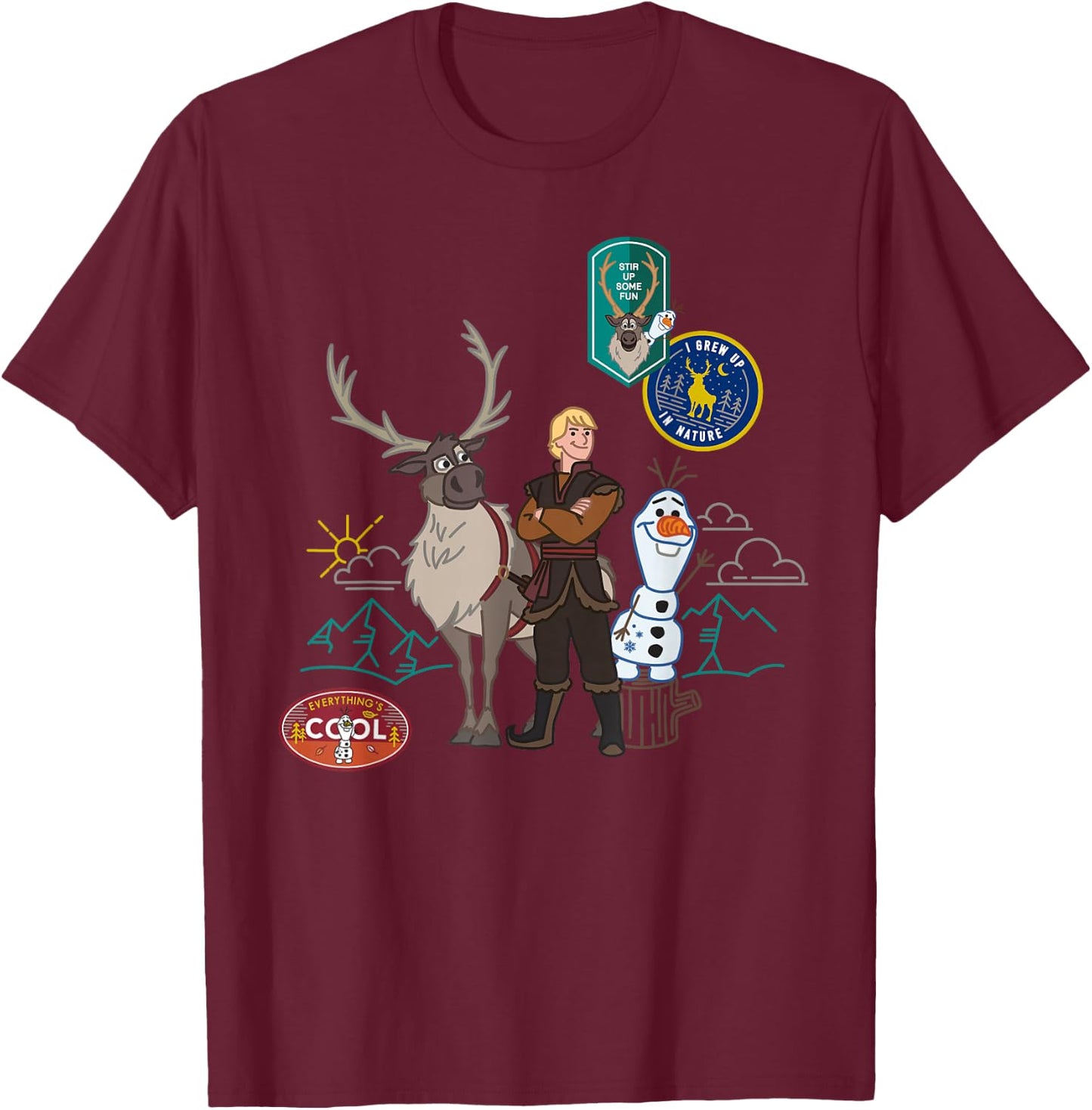 Disney Frozen 2 Olaf, Sven, and Kristoff Patches T-Shirt - T-Shirt | Maroon