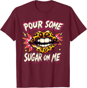 Happy Valentine's Day Retro Leopard Lips Pour Some Sugar Art T-Shirt - T-Shirt | Maroon