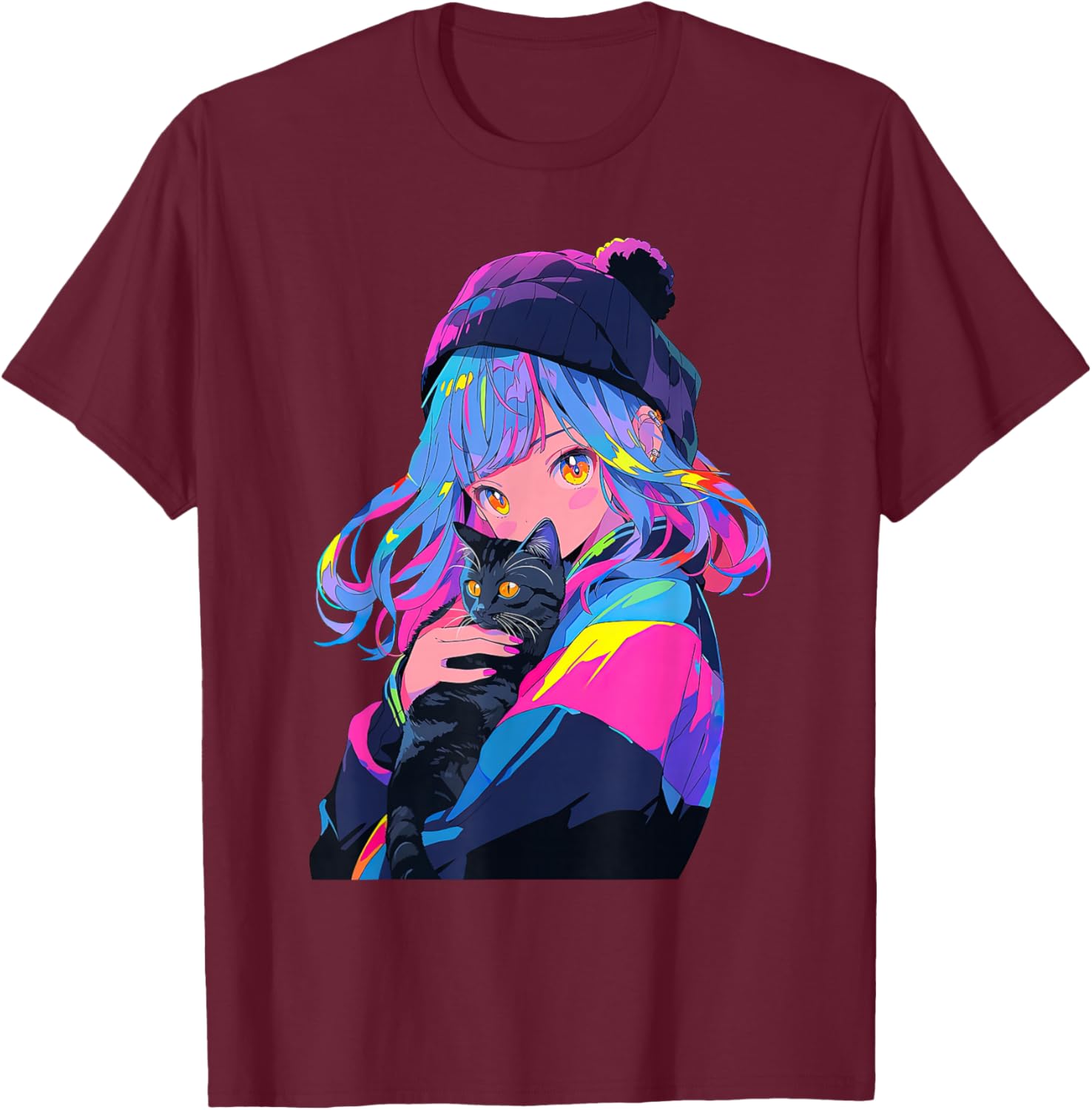 Anime and Cats Manga Girl with a Cat Anime Lover T-Shirt - T-Shirt | Maroon