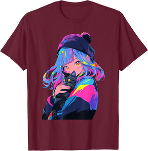 Anime and Cats Manga Girl with a Cat Anime Lover T-Shirt - T-Shirt | Maroon