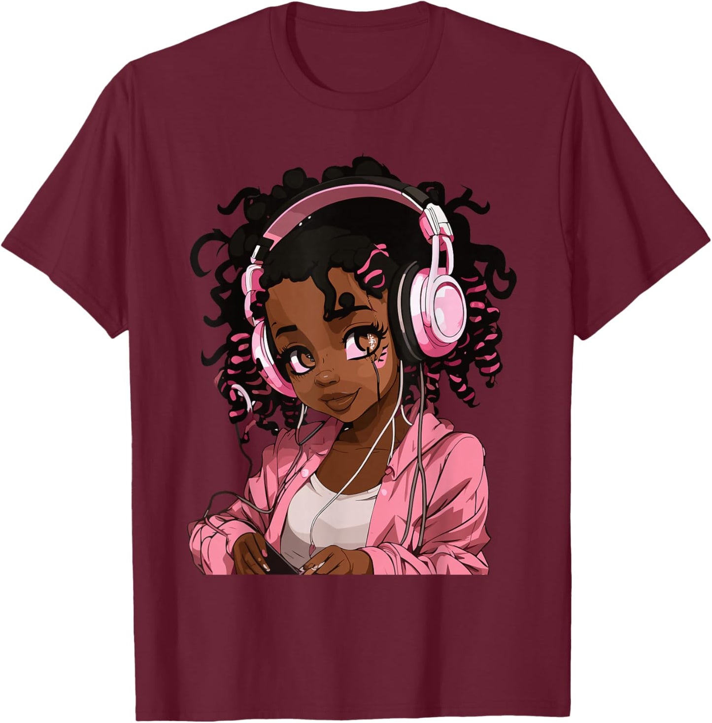 Anime and Music Black Girl Anime Merch Afro African American T-Shirt - T-Shirt | Maroon