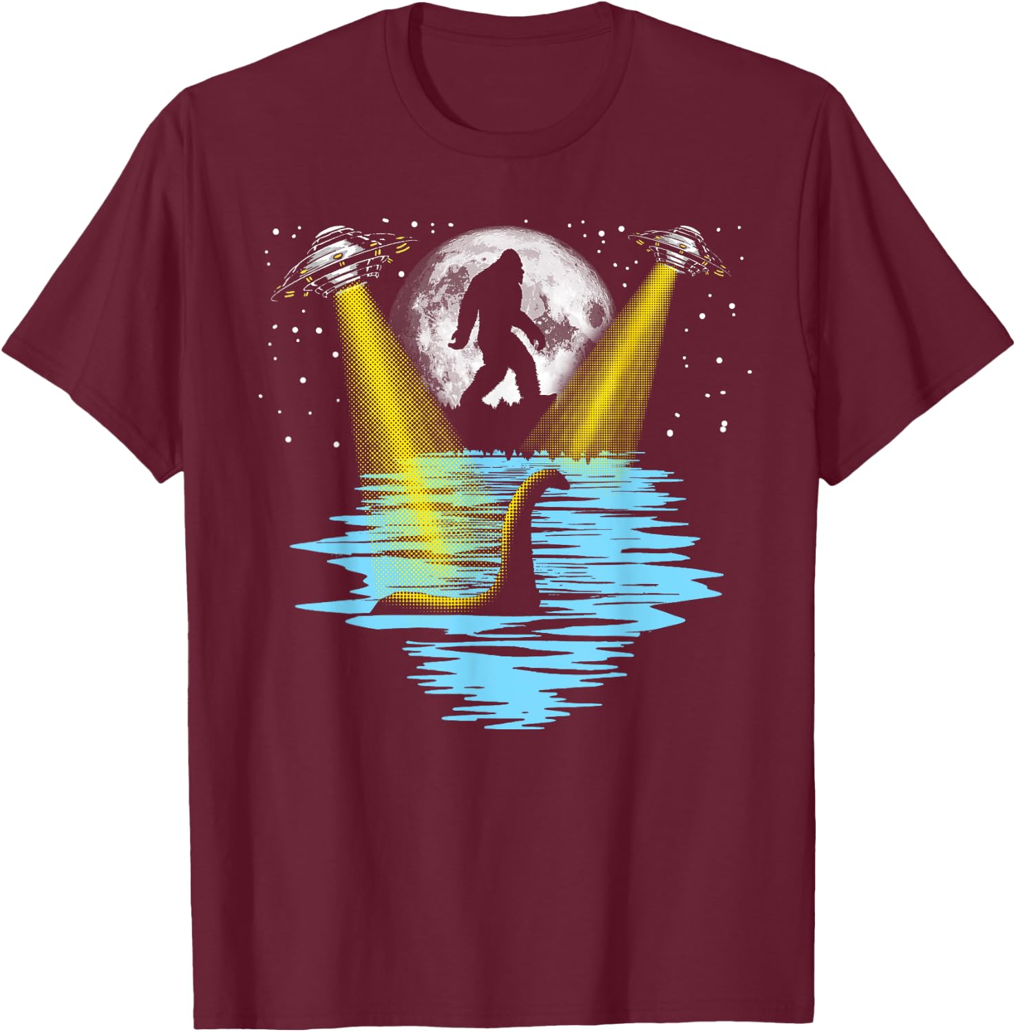 Flying Saucer UFO, Bigfoot & Loch Ness Monster Funny T-Shirt - T-Shirt | Maroon