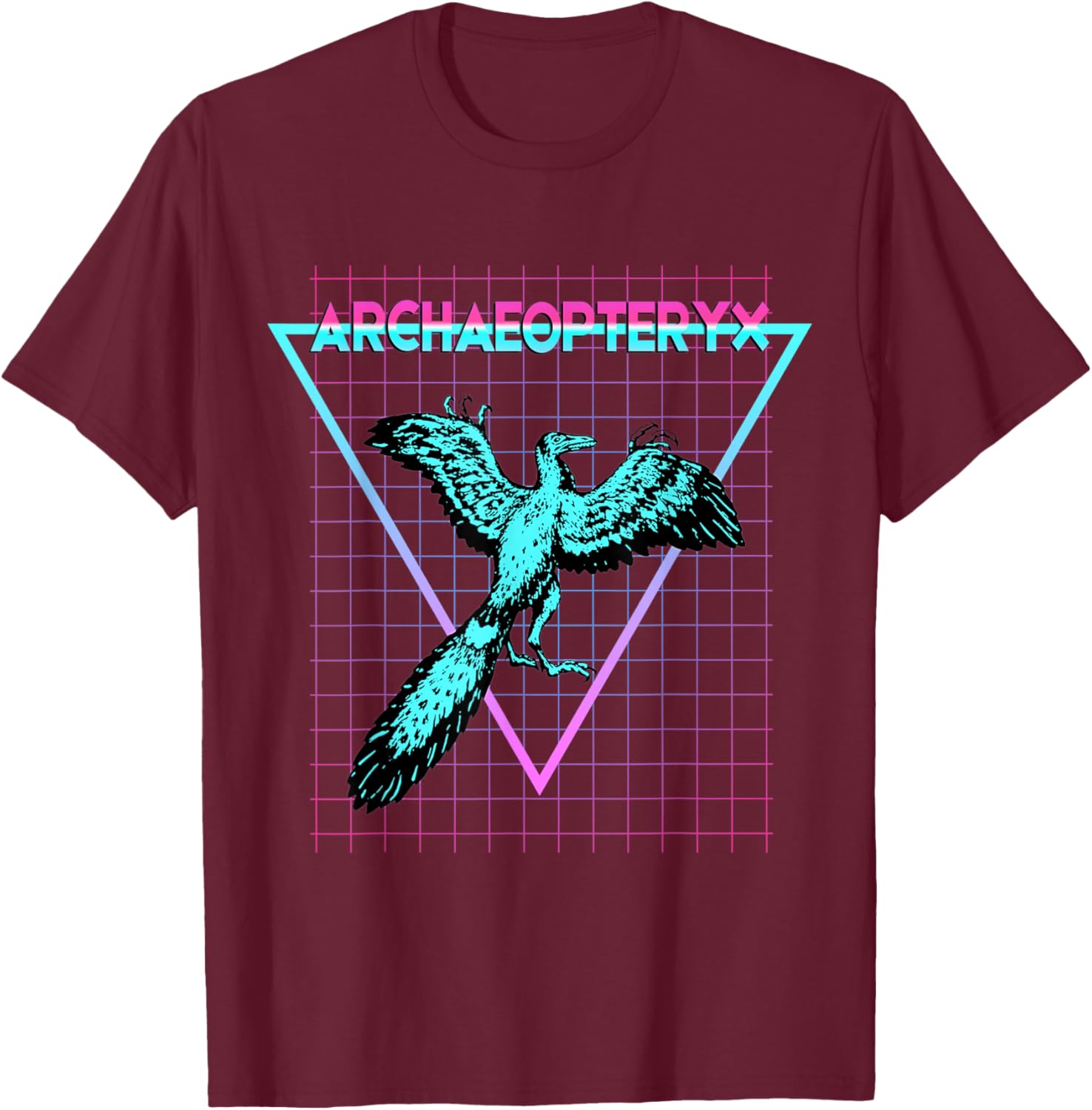 Retro Synthwave Archaeopteryx Dinosaur Gifts Archaeopteryx - Black, -Adults, Synthwave Dinosaur Graphic , Classic Fit, Short Sleeve, Round Neck, XS/Small T-Shirt - T-Shirt | Maroon