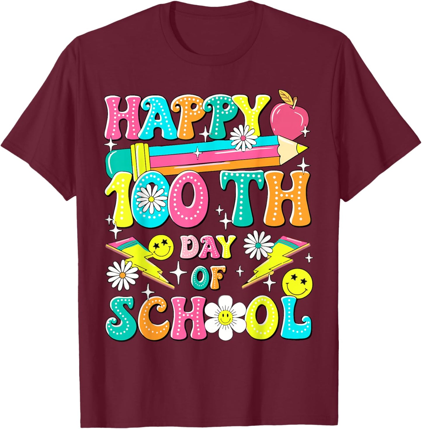Retro Groovy 100th Day of School Teachers Kid Happy 100 Days T-Shirt - T-Shirt | Maroon