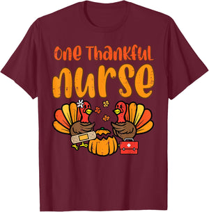 One Thankful Nurse Turkey Thanksgiving Fall Scrub Top Women T-Shirt - T-Shirt | Maroon