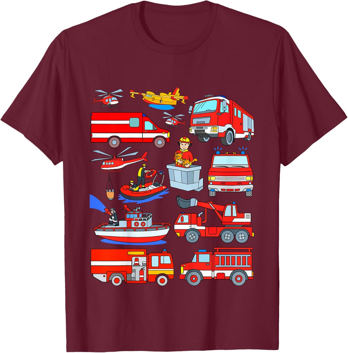 Kids Fire Truck Fireman Cat Rescue Boat Plane Firefighters Boy T-Shirt - T-Shirt | Maroon
