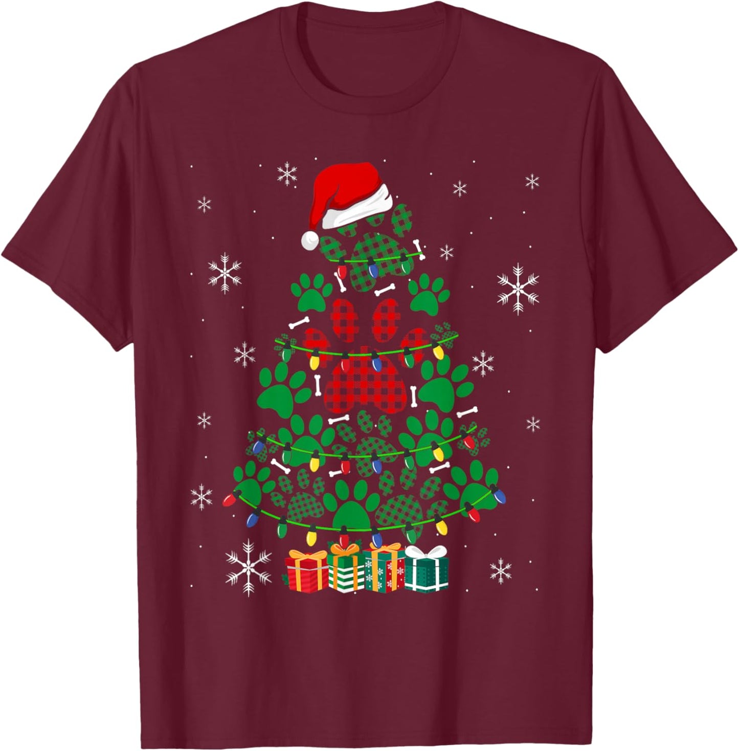 Paws Print Christmas Tree Dog or Cat with Santa Lights T-Shirt - T-Shirt | Maroon