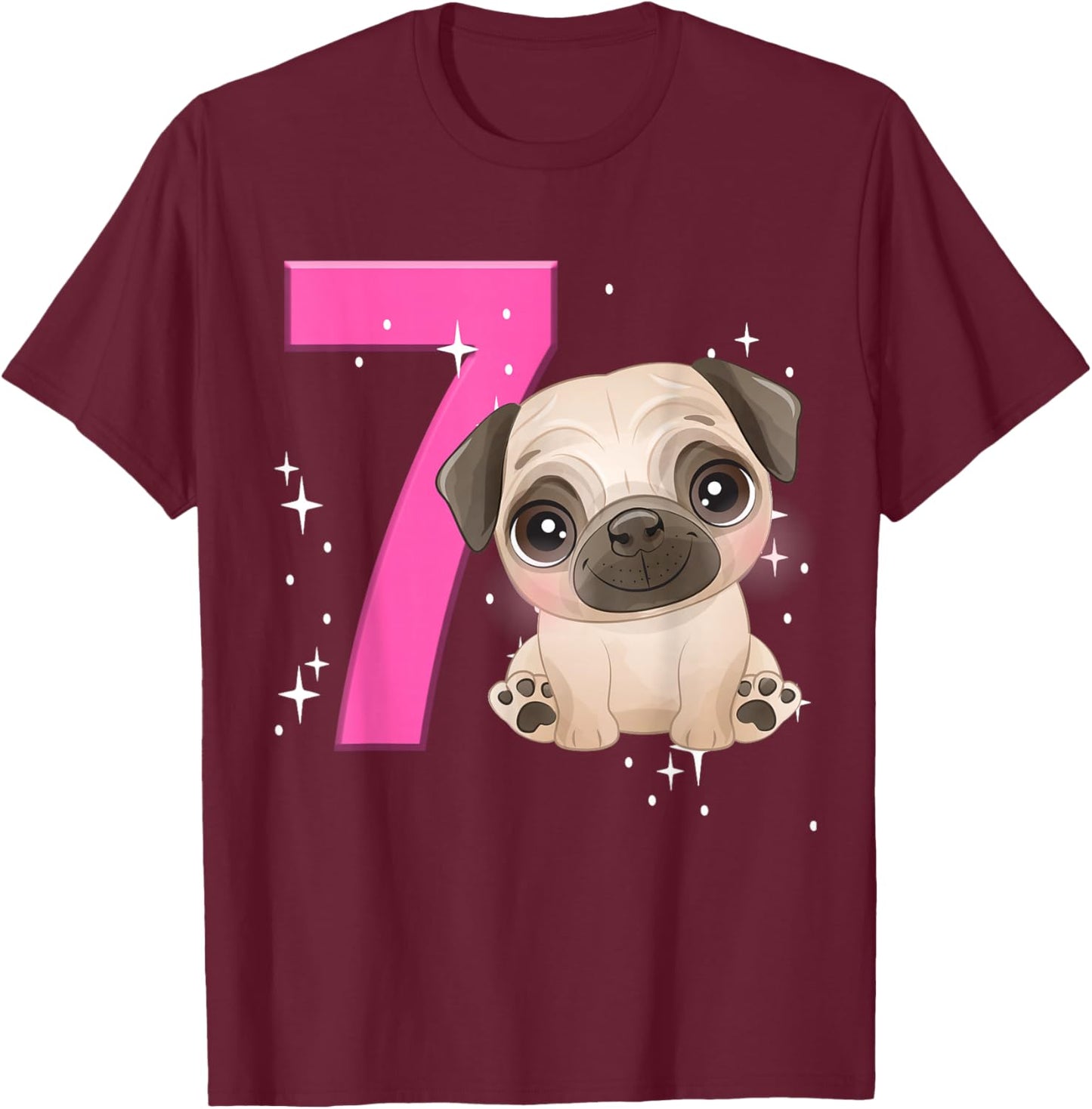 7th Birthday Girl Pug Dog Birthday Shirt Party Pug Kid Seven T-Shirt - T-Shirt | Maroon