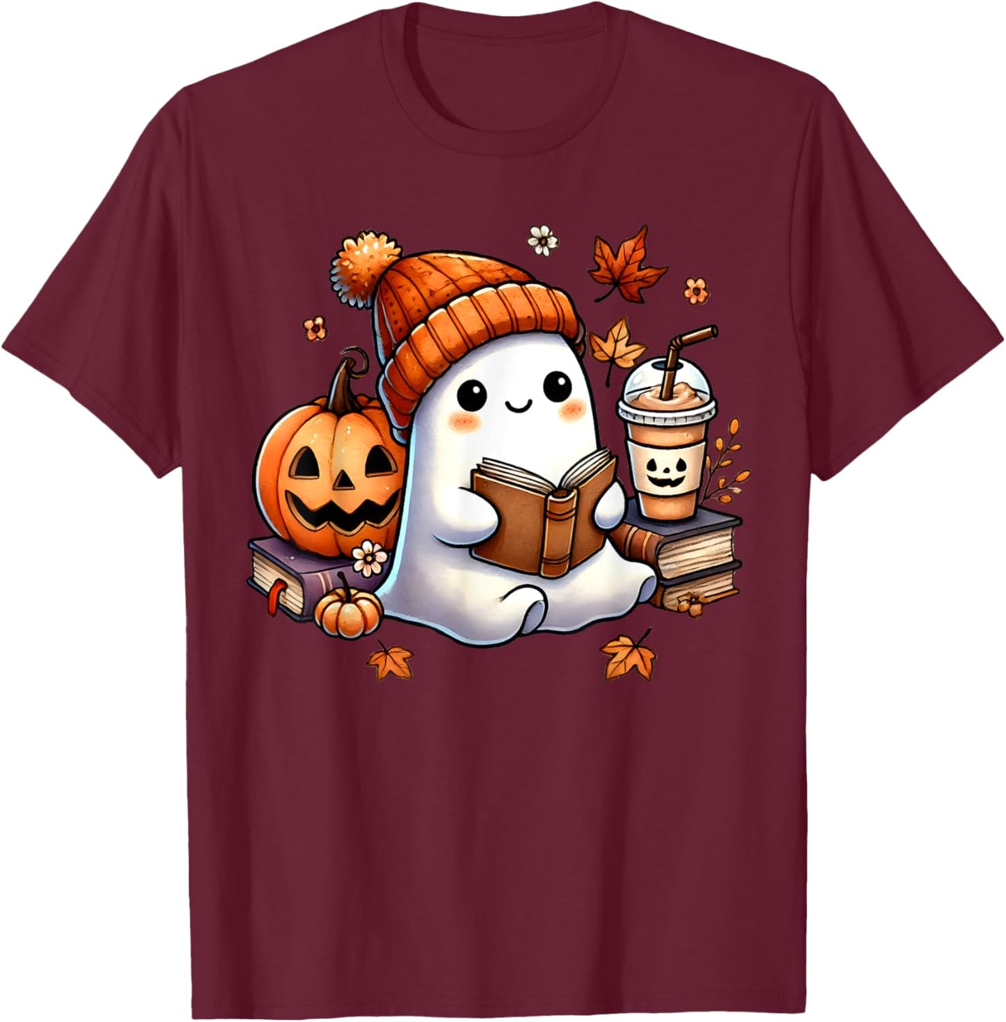 Cute Ghost Reading Book Lovers Halloween Ghost Coffee Women T-Shirt - T-Shirt | Maroon
