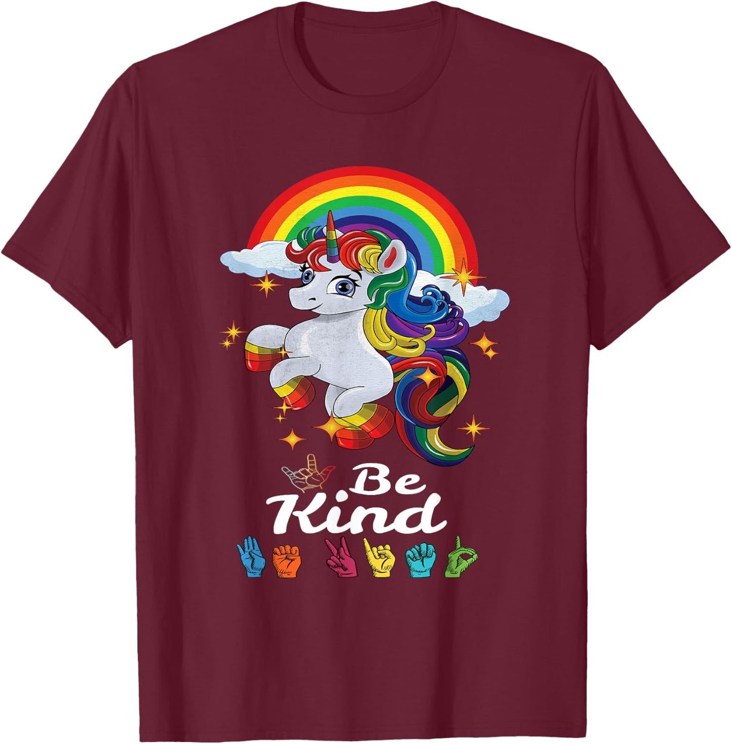 Be Kind Love ASL Teacher American Sign Language Girl Unicorn T-Shirt - T-Shirt | Maroon