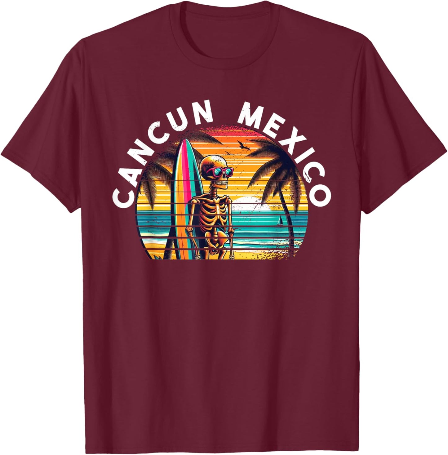 Cancun Mexico Vintage Skull Surf Cancun T-Shirt - T-Shirt | Maroon