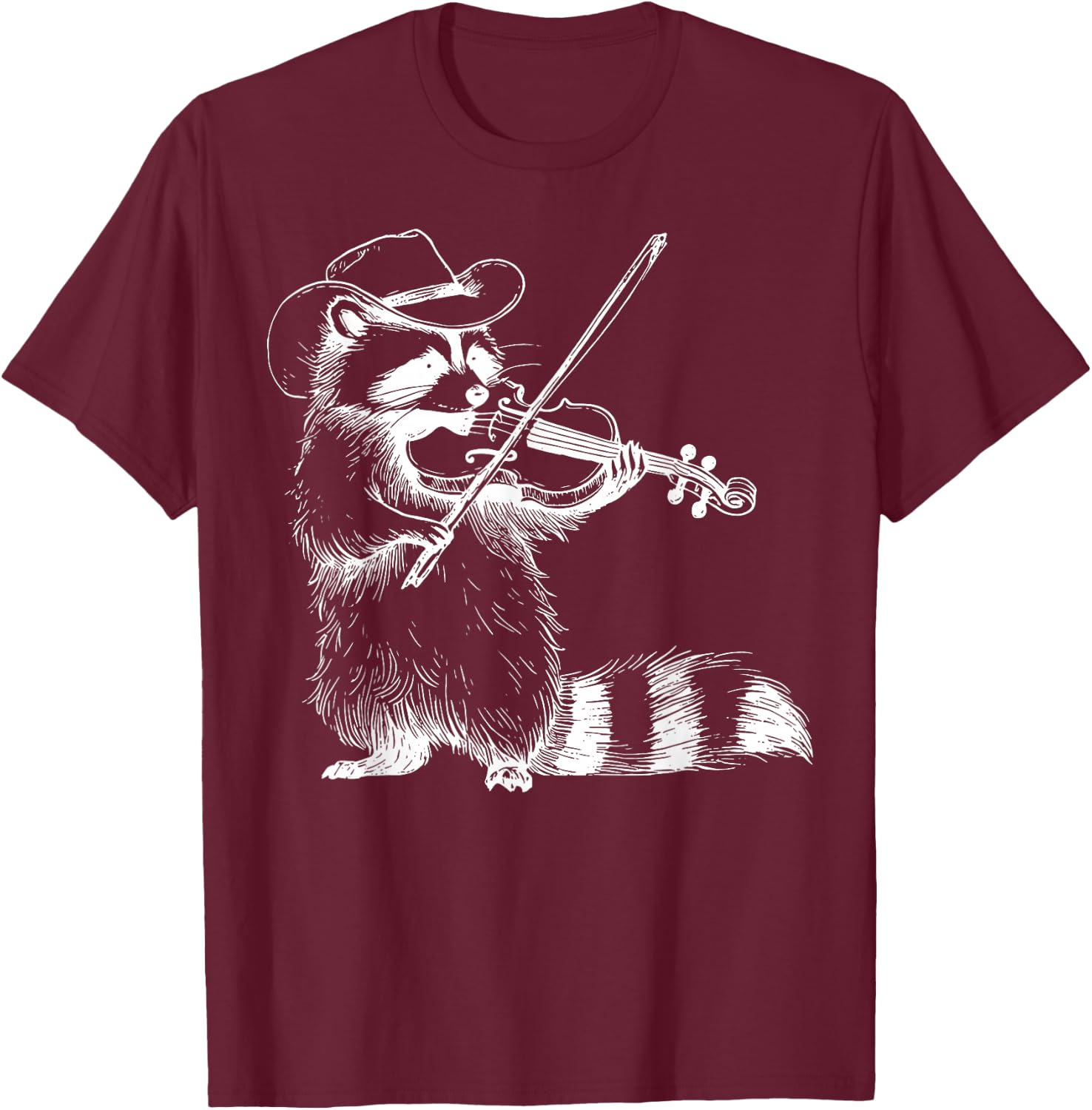 Vintage Cowboy Raccoon Playing Fiddle Violin Animal Musician T-Shirt - T-Shirt | Maroon