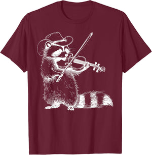 Vintage Cowboy Raccoon Playing Fiddle Violin Animal Musician T-Shirt - T-Shirt | Maroon