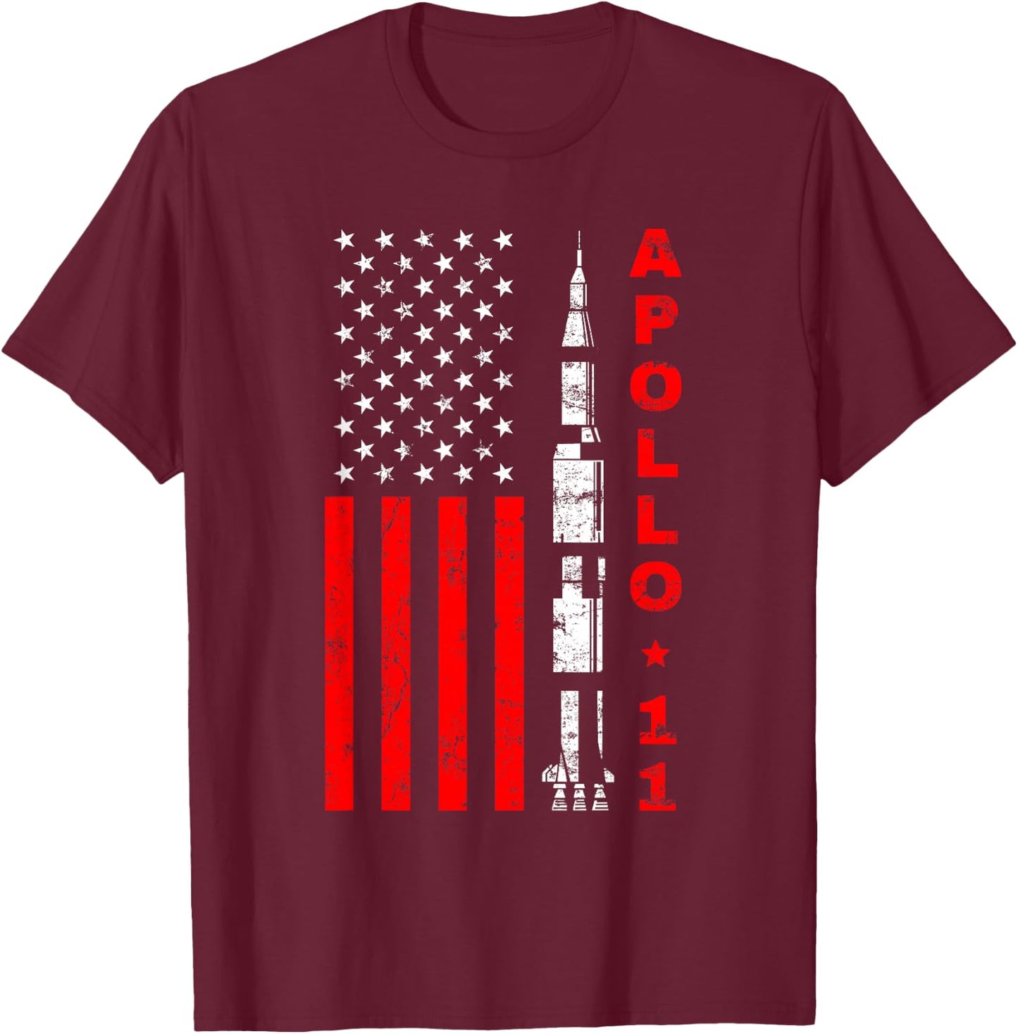 Apollo 11 Saturn V Rocket USA Flag T-Shirt - T-Shirt | Maroon