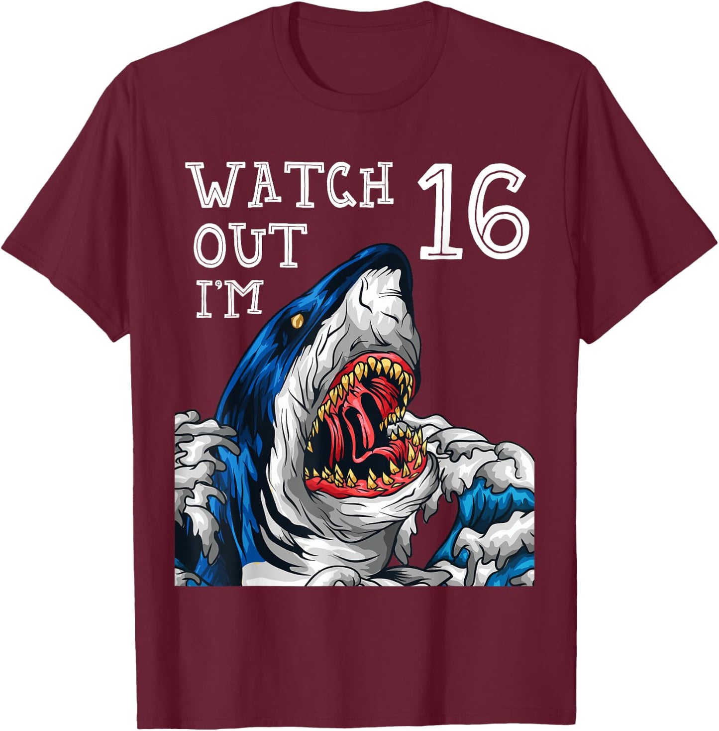 Shark 16th Birthday Boys Gift Pool Party Ocean Fan 16 T-Shirt - T-Shirt | Maroon