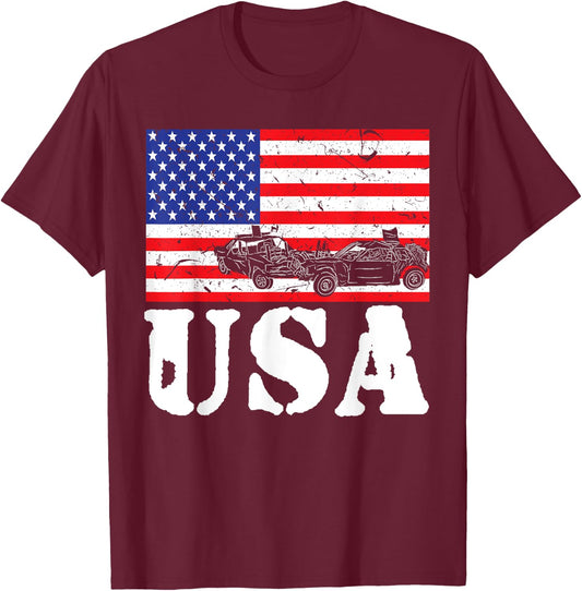 Distressed Demolition Derby USA American Flag Vintage Racer T-Shirt - T-Shirt | Maroon