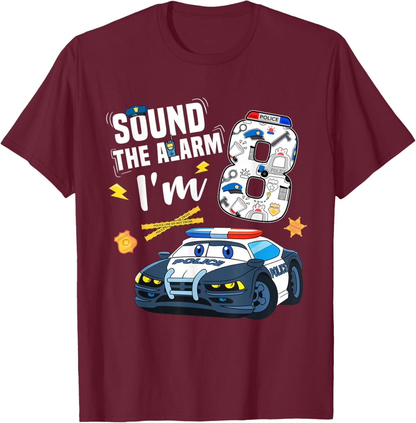 8th B-Day Police Car Police Boy Officer Birthday 8 Year Old T-Shirt - T-Shirt | Maroon