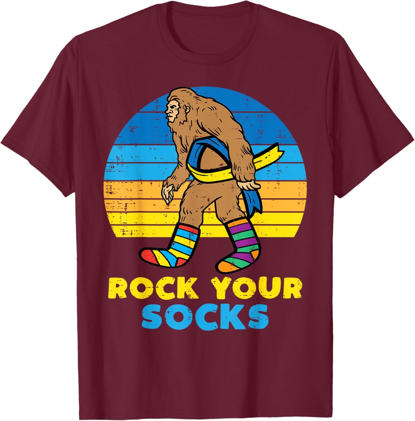 Down Syndrome Bigfoot Rock Your Socks Awareness Sasquatch T-Shirt - T-Shirt | Maroon