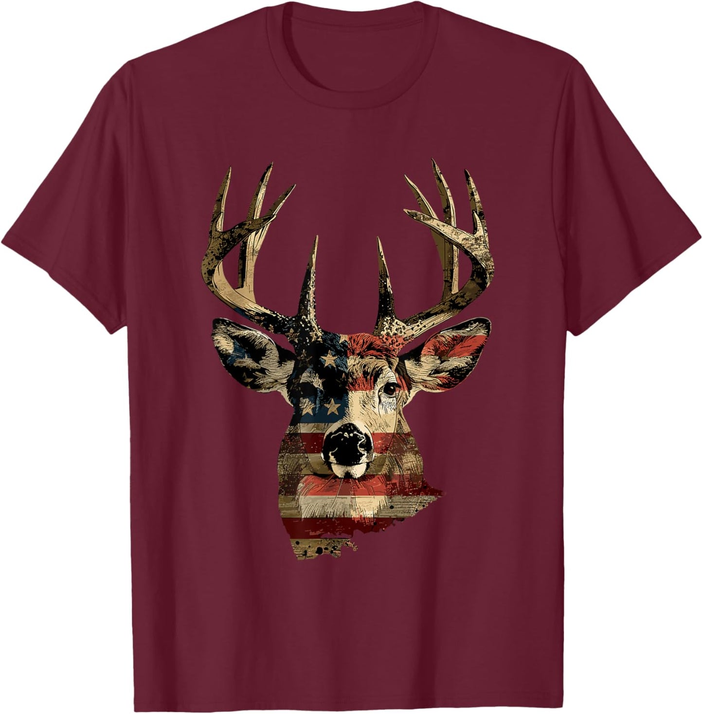 Whitetail Buck Deer Hunting 4th Of July USA American Flag T-Shirt - T-Shirt | Maroon