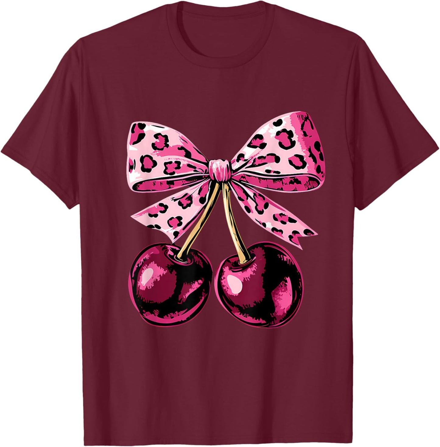 Cerises with Bow Flirty Leopard Pink Cherry T-Shirt - T-Shirt | Maroon