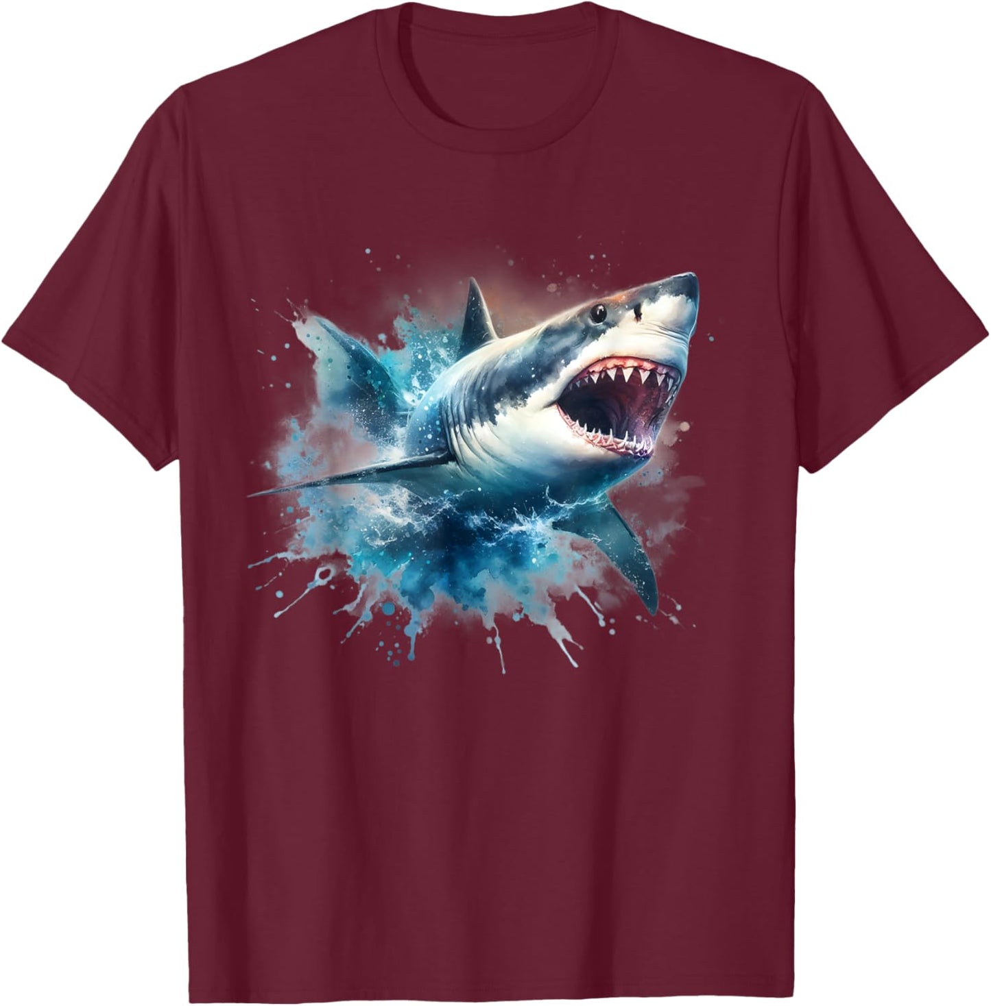Cool Watercolor Great White Shark Open Jaw T-Shirt - T-Shirt | Maroon