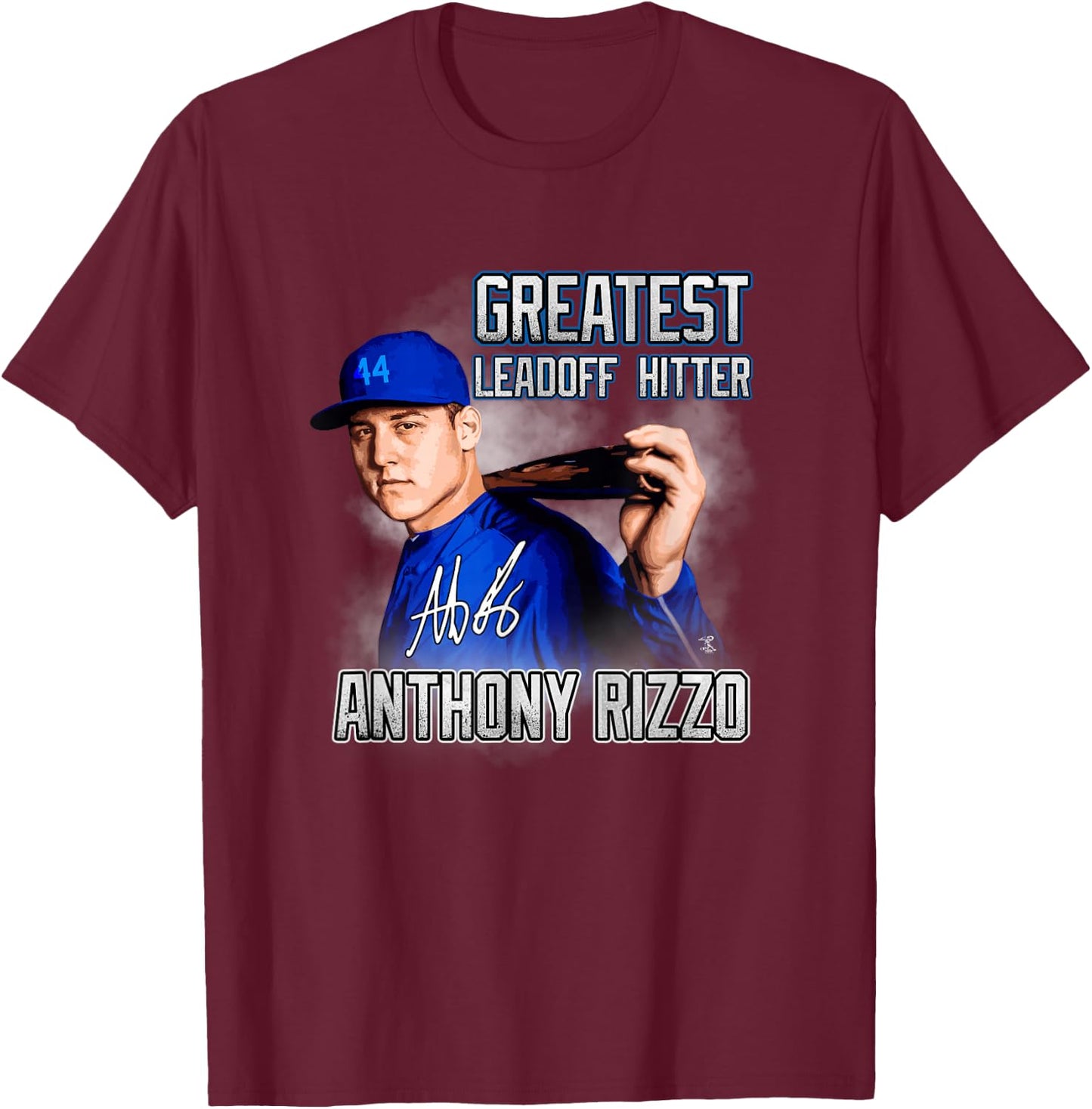 FanPrint Anthony Rizzo Greatest Leadoff Hitter - Blue, Men's, Adult, , Short Sleeve, Classic Fit, , Modern, Baseball Player T-Shirt - T-Shirt | Maroon
