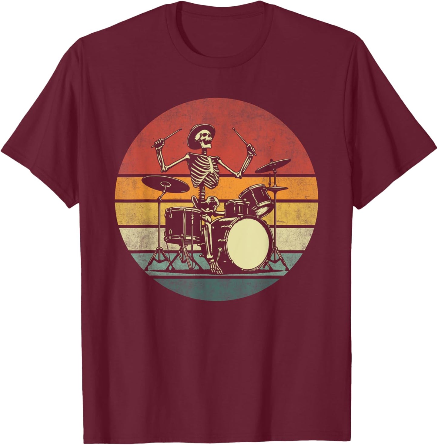 Retro Drummer Rock Skeleton Drummer Skeleton Playing Drum T-Shirt - T-Shirt | Maroon