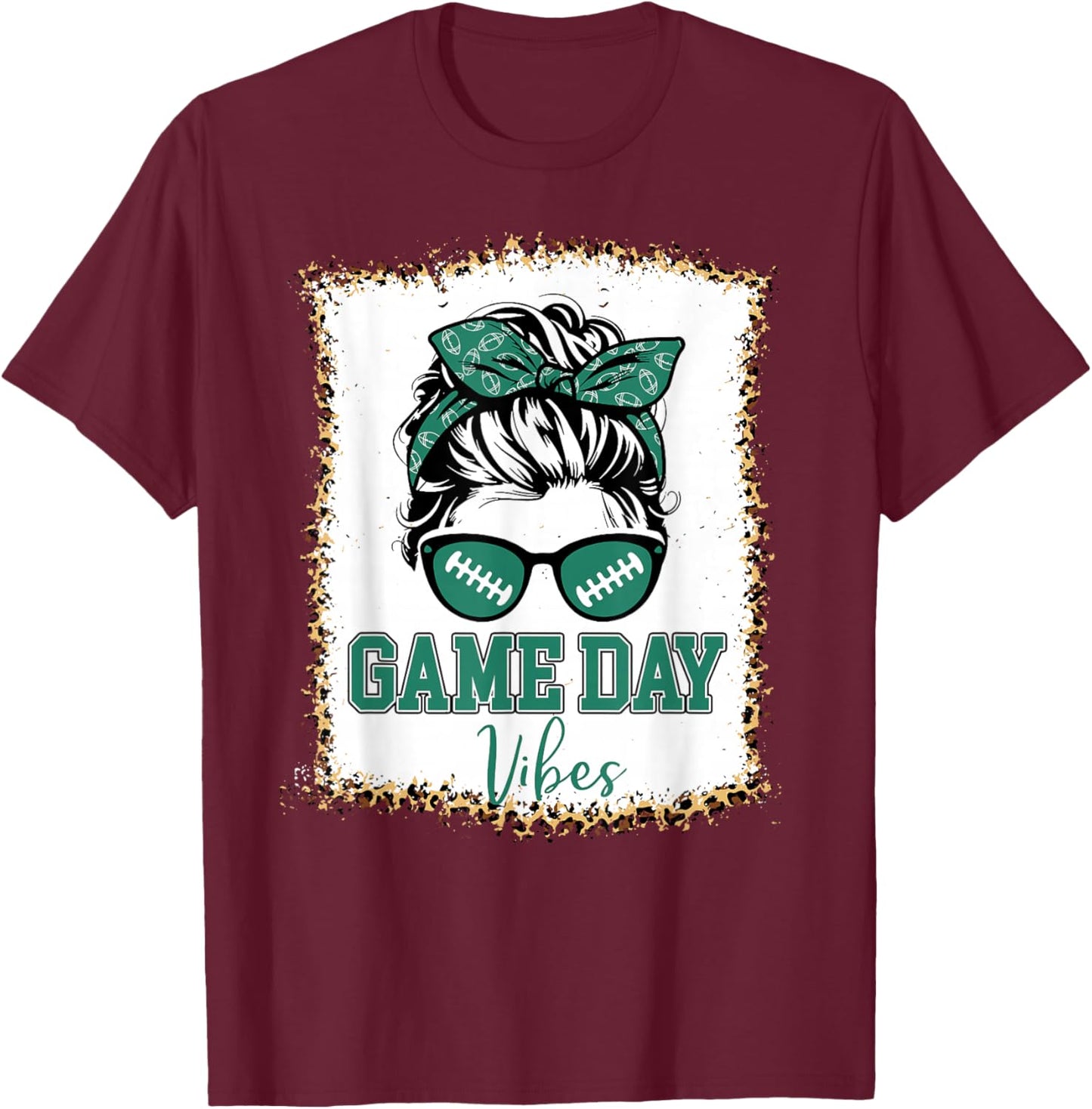 Green and White Game Day Vibes Football Women Leopard Print T-Shirt - T-Shirt | Maroon