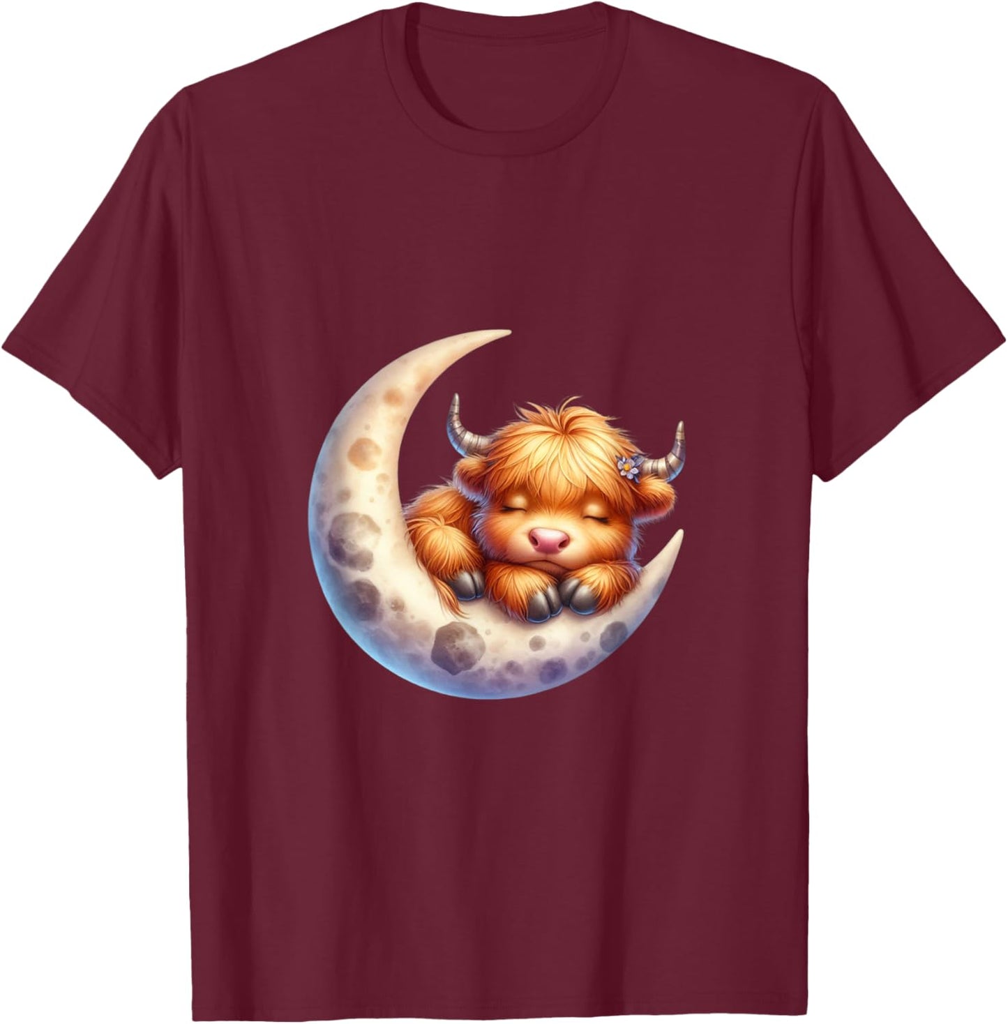 Cute Baby Highland Cow Sleeping on the Moon Heifer Farm T-Shirt - T-Shirt | Maroon