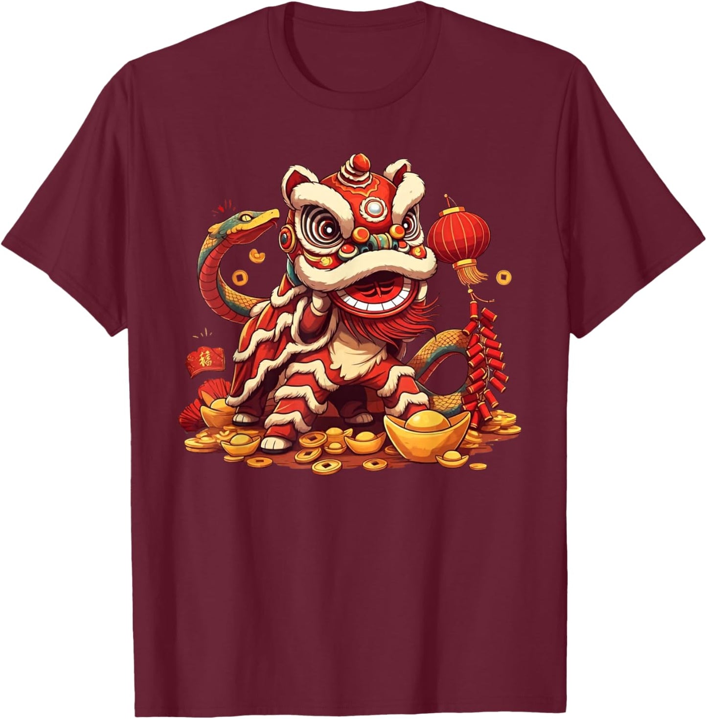 Funny Lion Snake Chinese New Year 2025 Kids T-Shirt - T-Shirt | Maroon