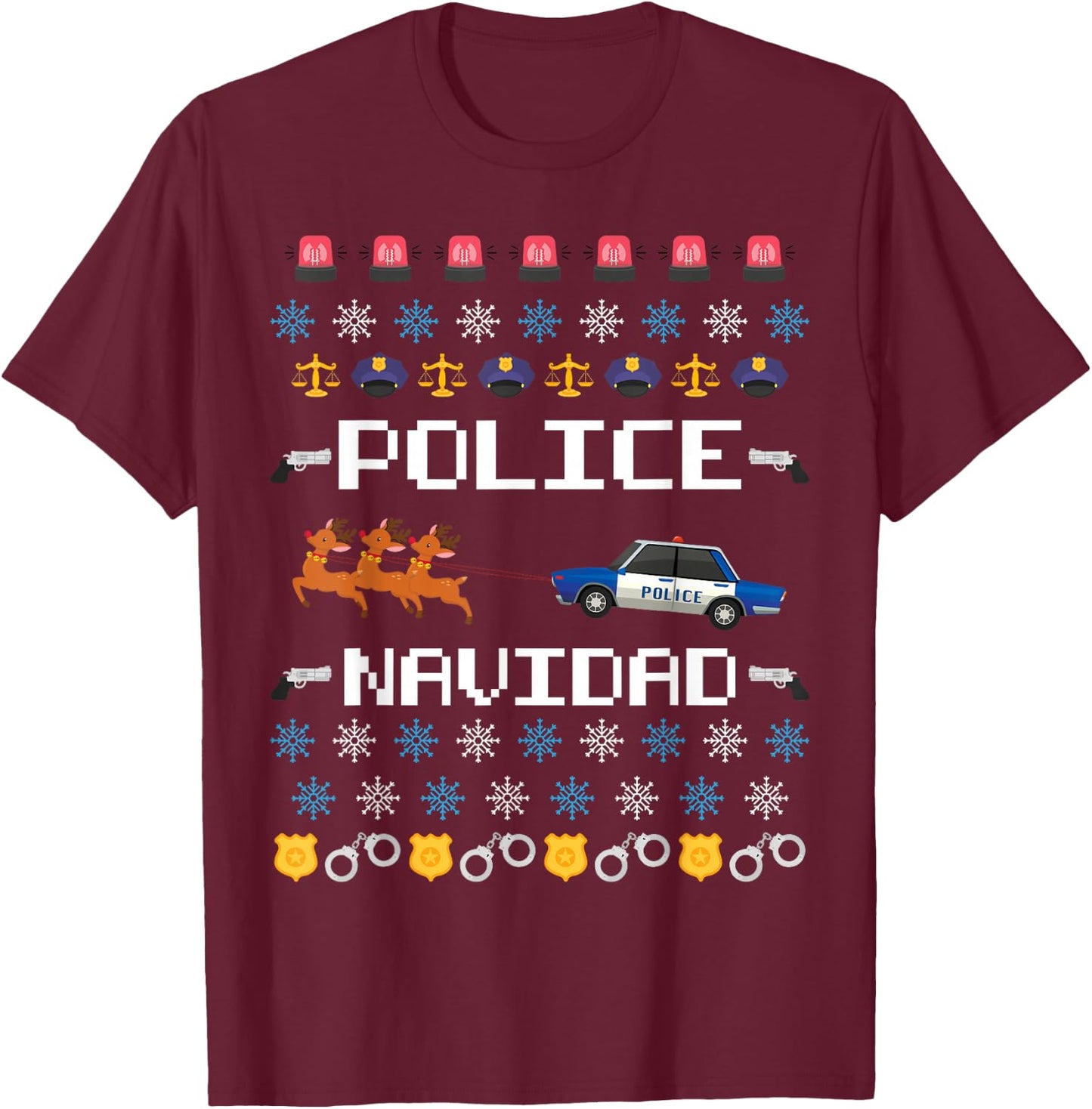 Police Navidad Ugly Christmas Sweater Policeman Officer T-Shirt - T-Shirt | Maroon