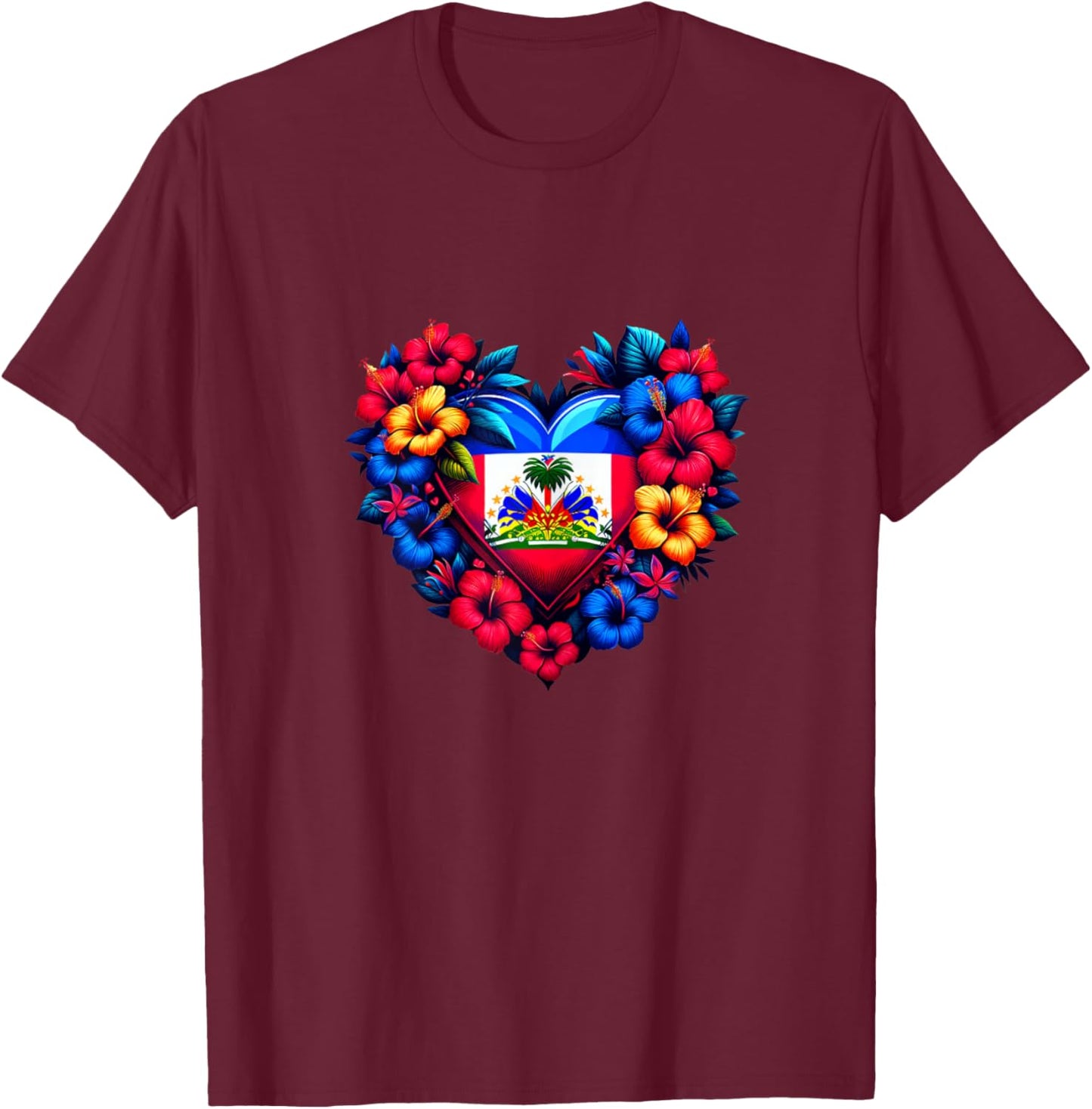 Haiti Haitian Heritage Month Flag Flower Heart T-Shirt - T-Shirt | Maroon