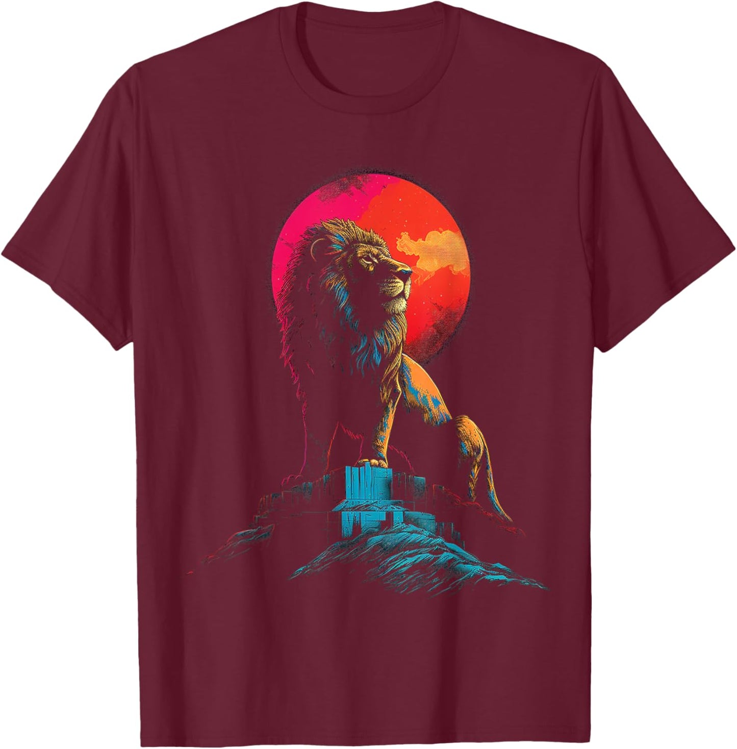 Lion Moon Colorful Animal Nature Illustration Art Lion T-Shirt - T-Shirt | Maroon