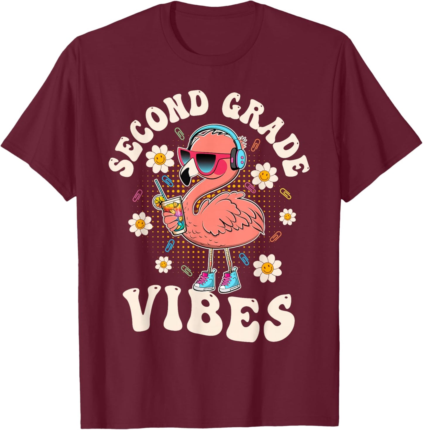 Flamingo Back to School Second Grade Vibes Teacher 2nd Grade T-Shirt - T-Shirt | Maroon